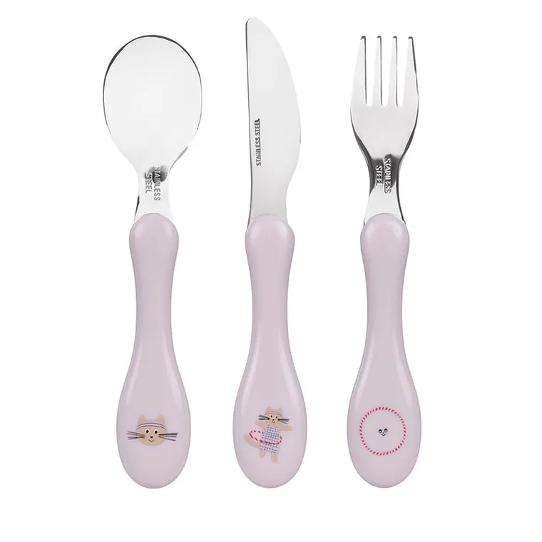Lassig, Tiny Team, zestaw sztućców ze stali nierdzewnej, kotek, 3 szt.