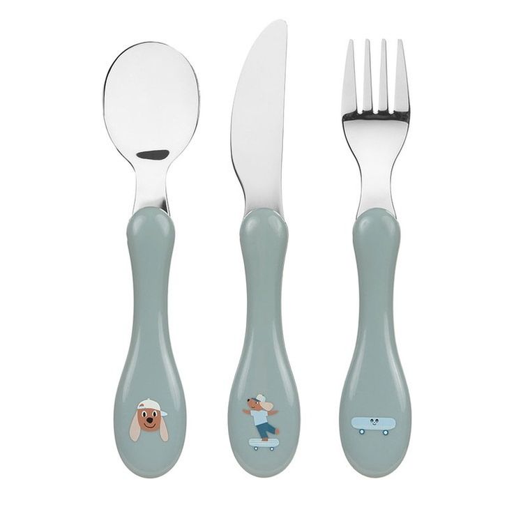 Lassig, Tiny Team, zestaw sztućców ze stali nierdzewnej, piesek, 3 szt.