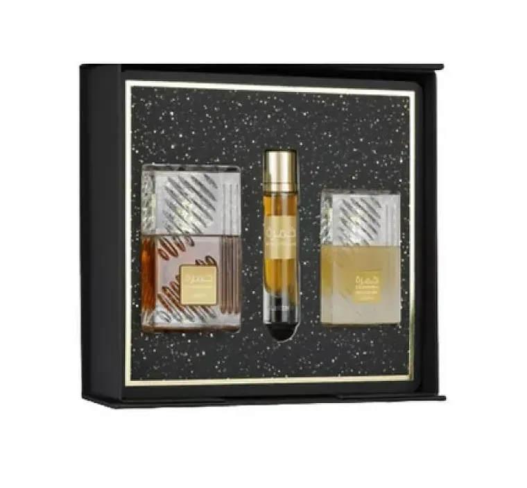 Lattafa, Khamrah, woda perfumowana, 100 ml + woda perfumowana, 12 ml + mgiełka do włosów, 50 ml