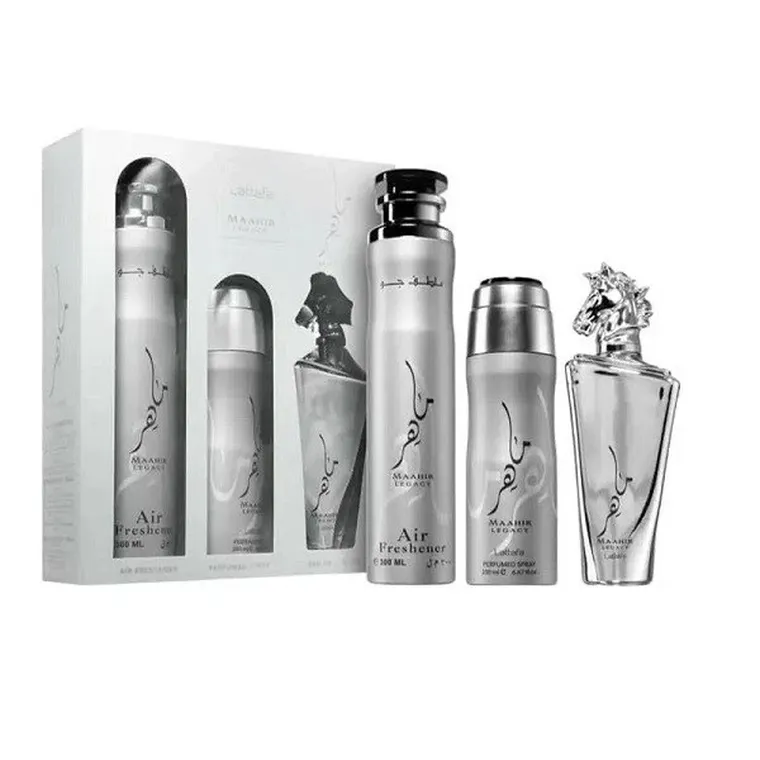Lattafa, Maahir Legacy, zestaw woda perfumowana, spray, 100 ml + dezodorant spray, 200 ml + odświeżacz powietrza, 300 ml