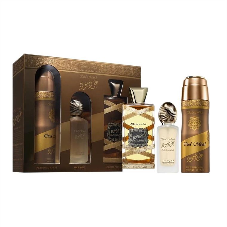Lattafa, Oud Mood Elixir, zestaw: woda perfumowana, spray, 100 ml + mgiełka do włosów, 50 ml + dezodorant, spray, 200 ml