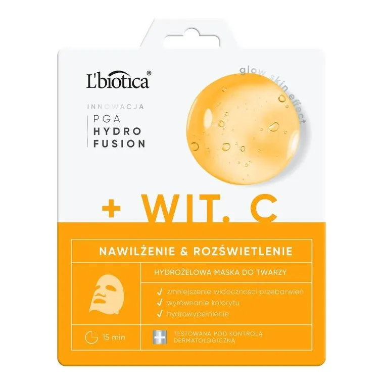 L`biotica, PGA Hydro Fusion + Witamina C, hydrożelowa maska do twarzy, nawilżenie i rozświetlenie