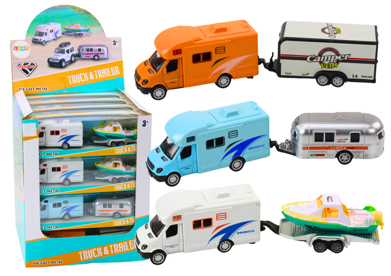 Lean Toys, autko terenowe z łodzią lub kamperem, pojazd metalowy z napędem, 1 szt.