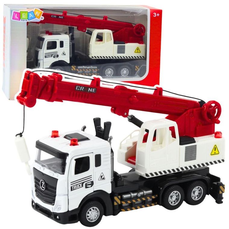 Lean Toys, ciężarówka z dźwigiem, metalowy pojazd budowlany