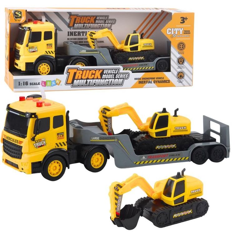 Lean Toys, ciężarówka z lawetą i koparką, obrotowa 360°, żółta, 1:16
