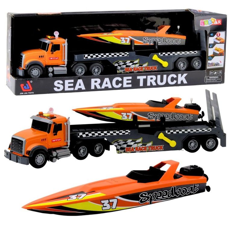 Lean Toys, ciężarówka z nakręcaną motorówką, pojazd interaktywny, pomarańczowa