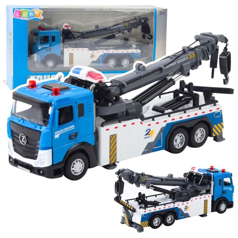 Lean Toys, ciężarówka z wysięgnikiem, metalowa kabina, interaktywny pojazd budowlany