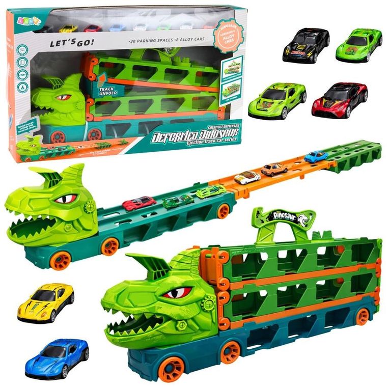 Lean Toys, dinozaur, ciężarówka transporter rozkładany z autkami 4w1