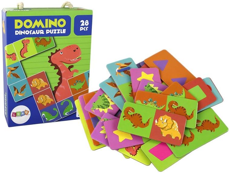 Lean Toys, Dinozaury, domino, puzzle, 28 elementów, zestaw gier 3w1