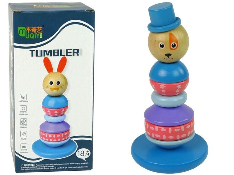 Lean Toys, drewniana edukacyjna piramidka pies z kapeluszem balansująca wieża