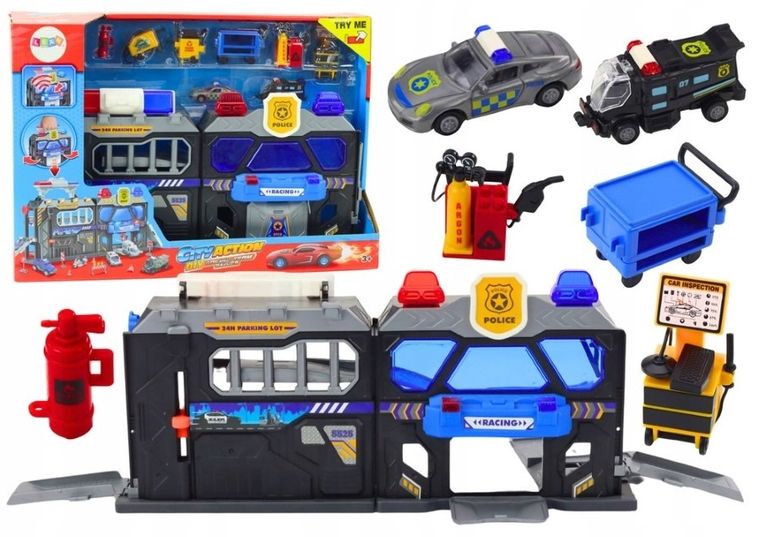 Lean Toys, garaż policyjny, interaktywny zestaw pojazdów w walizce