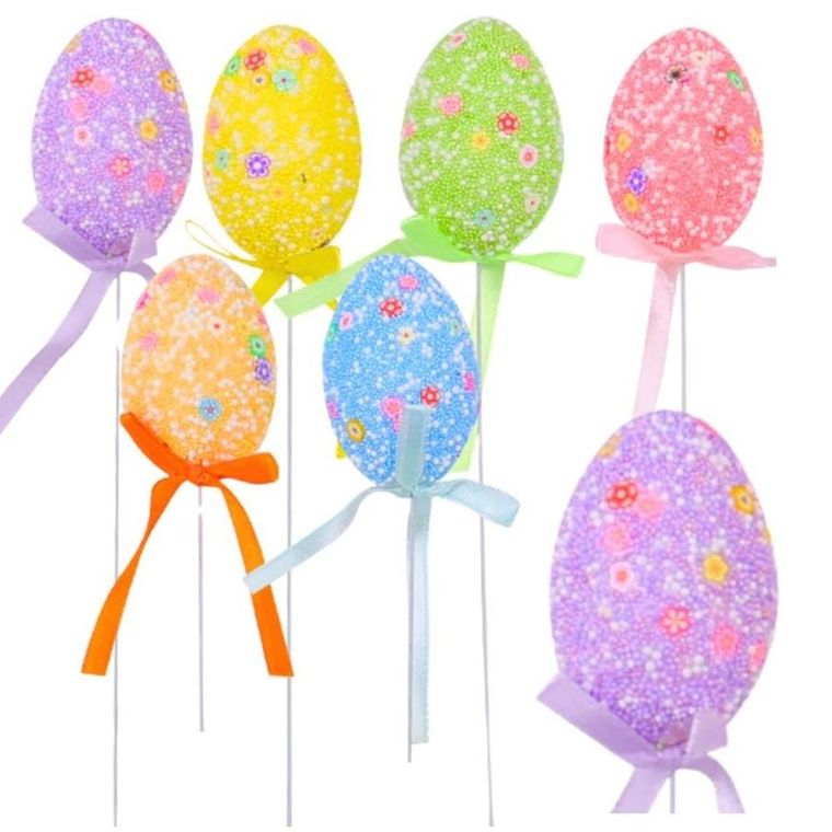 Lean Toys, jajka wielkanocne na piku, kolorowe białe wzorki wstążka, ozdoba, 6 szt.