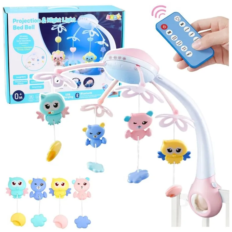 Lean Toys, karuzela do łóżeczka z projektorem, 2w1, różowa