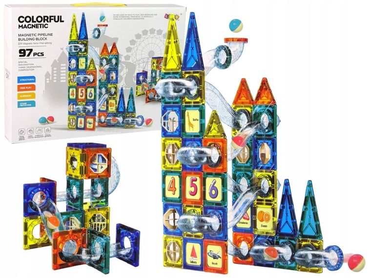 Lean Toys, klocki magnetyczne, kulodrom, 97 elementów