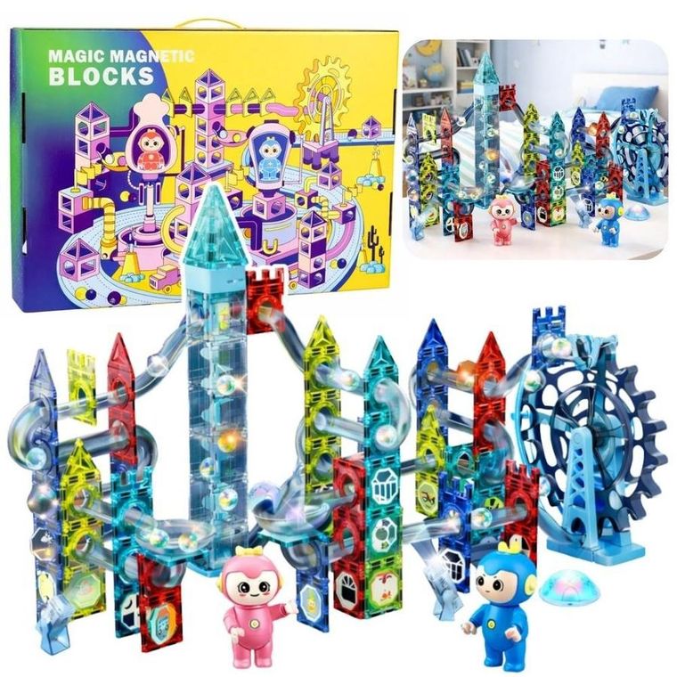 Lean Toys, klocki magnetyczne, tor kulkowy, koło młyńskie, 118 elementów