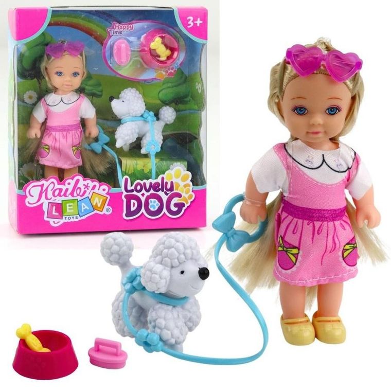 Lean Toys, laleczka z pieskiem na smyczy miska z kością