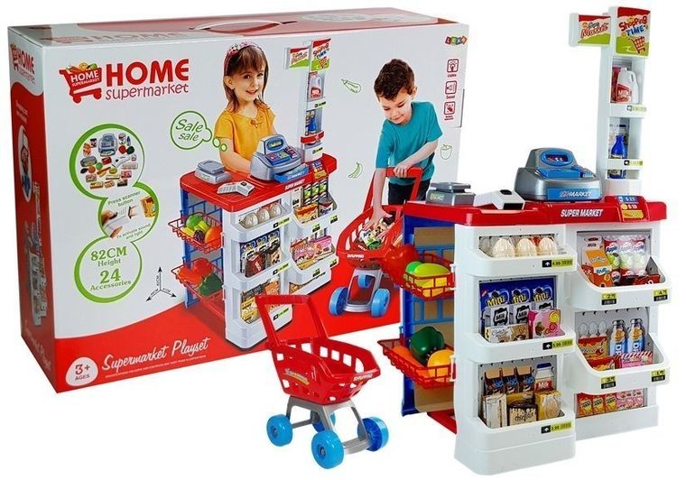 Lean Toys, market, lada z kasą fiskalną, wózkiem i artykułami spożywczymi