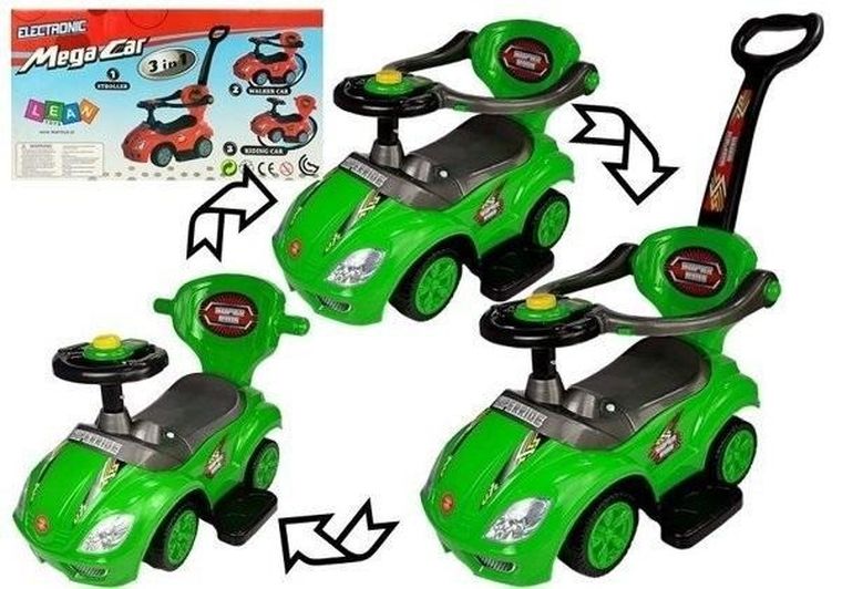 Lean Toys, Mega Car, jeździk z pchaczem, 3w1, zielony