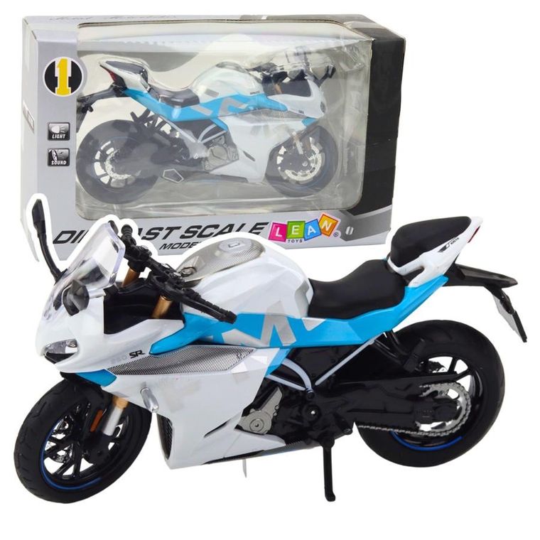Lean Toys, motocykl, pojazd interaktywny, metalowy, biało-niebieski, 1:12