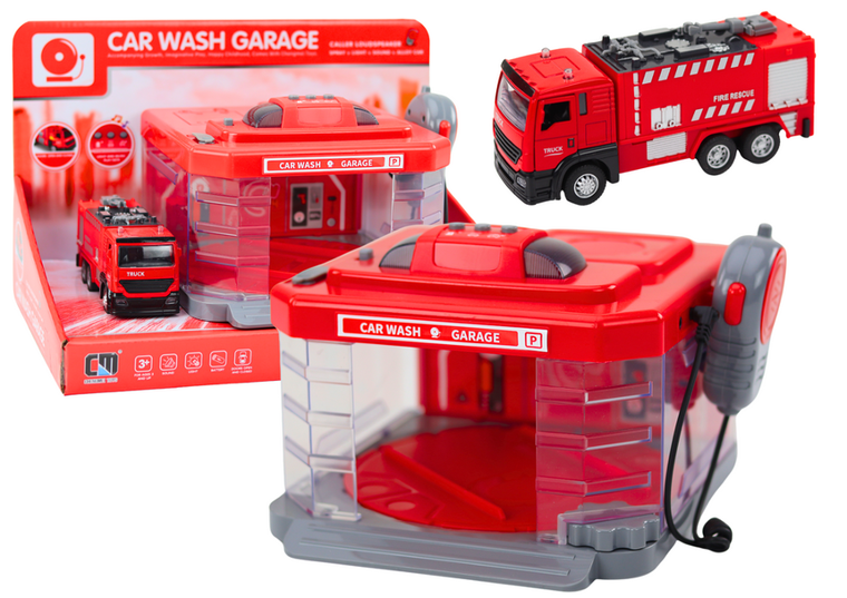 Lean Toys, myjnia straży pożarnej, interaktywny zestaw z pojazdem ratunkowym