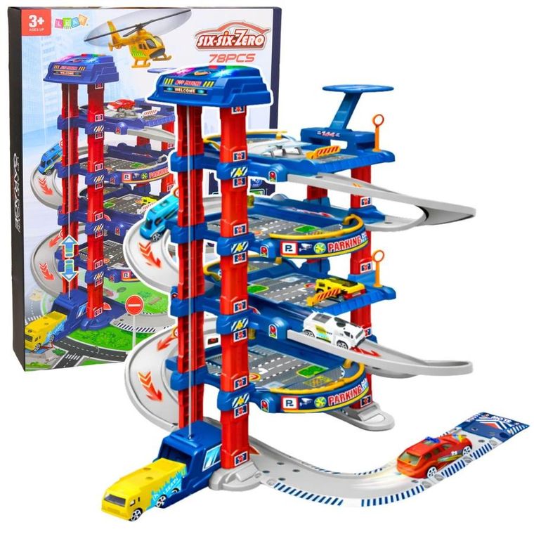 Lean Toys, parking z windą i zjeżdżalnią dla autek, zestaw z pojazdami, 78 elementów