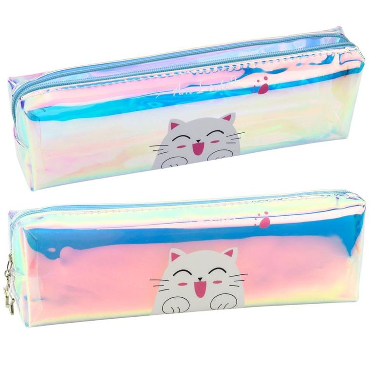 Lean Toys, piórnik saszetka, holograficzny z kotem, niebieski, 21-6 cm