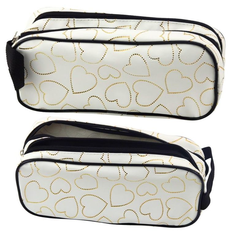 Lean Toys, piórnik saszetka podwójna, złote serca biały