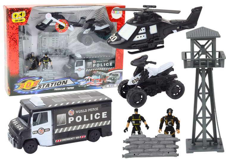 Lean Toys, pojazdy policyjne, transporter więźniów, quad helikopter, wieża kontroli