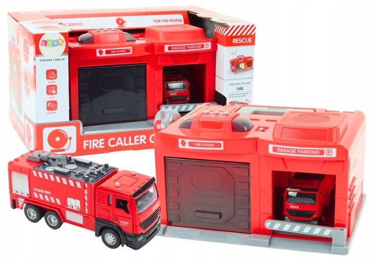 Lean Toys, remiza strażacka, zestaw interaktywny z pojazdem, 1:32