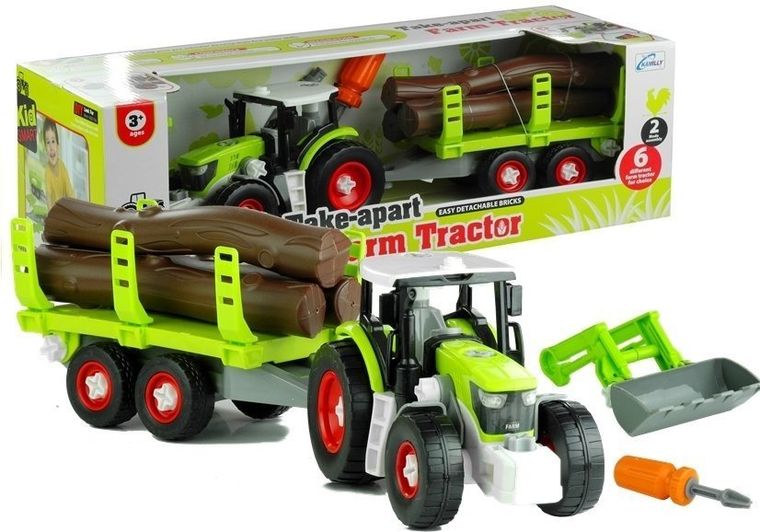 Lean Toys, rozkręcany traktor z przyczepą z drewnem, 43 cm