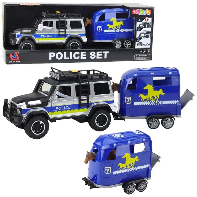 Lean Toys, samochód policyjny z przyczepą do przewozu koni, pojazd interaktywny