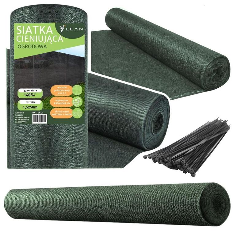 Lean Toys, siatka cieniująca na ogrodzenie, maskująca, zielona, 1.5m, 50m, 140g/m²