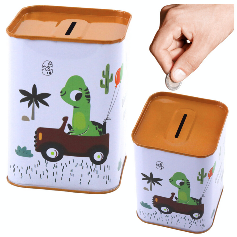 Lean Toys, skarbonka metalowa, dinozaur w samochodzie, 11-8 cm, 1 szt.