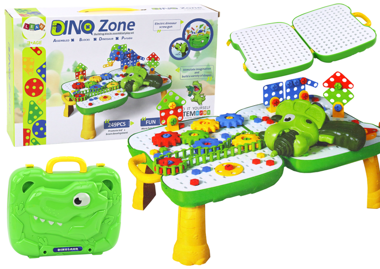 Lean Toys, stolik walizka z klockami i wkrętarką, dinozaur