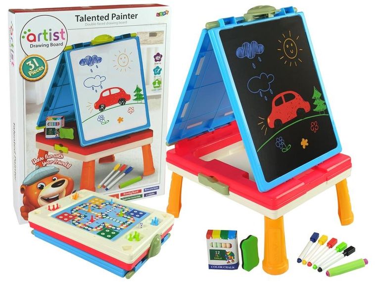 Lean Toys, tablica magnetyczno-kredowa, 3w1, stolik do gier, niebieska