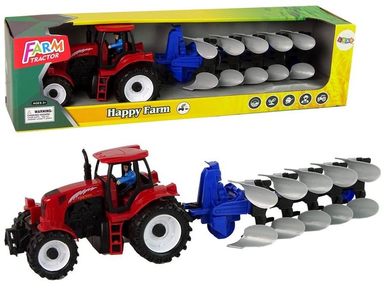 Lean Toys, traktor z pługiem, czerwony