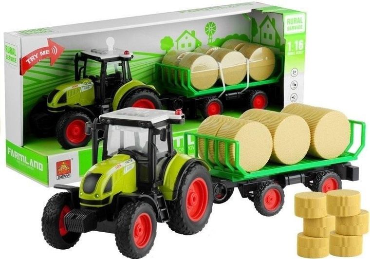 Lean Toys, traktor z przyczepą z sianem, pojazd ze światłem i dźwiękiem, 1:16