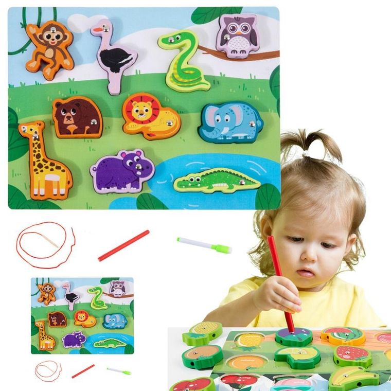 Lean Toys, układanka drewniana, magnetyczna ze sznurkiem do przeplatania, zwierzątka