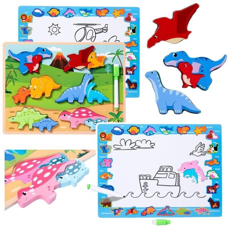 Lean Toys, układanka tablica, 2w1 drewniana edukacyjna pisak dinozaury, 12el