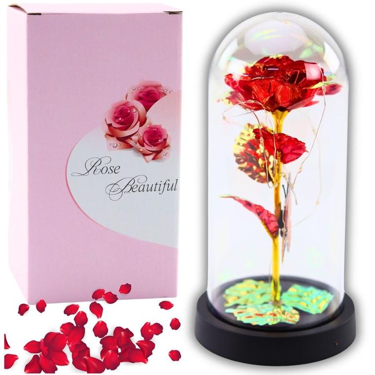 Lean Toys, wieczna róża w szle kryształowa oświetlenie LED, motylek, czerwona, 21-11 cm