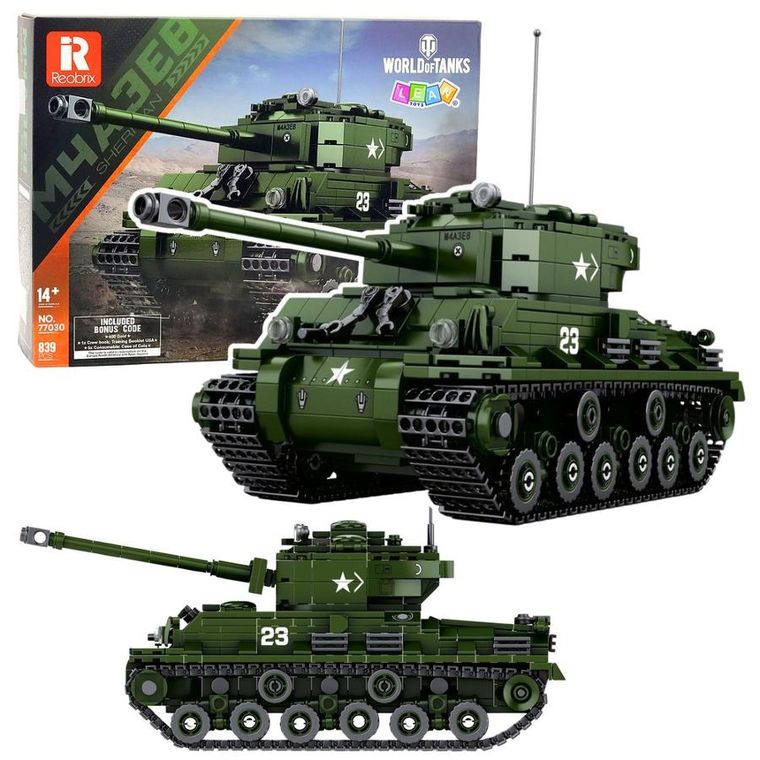 Lean Toys, World of Tanks, czołg wojskowy Sherman M4A3R8, klocki konstrukcyjne, 1:30, 839 elementów