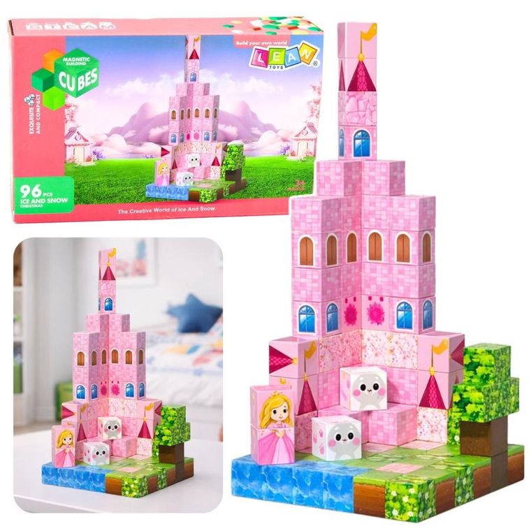Lean Toys, zamek księżniczki, magnetyczne klocki konstrukcyjne, różowe sześciany piksele, 96 elementów