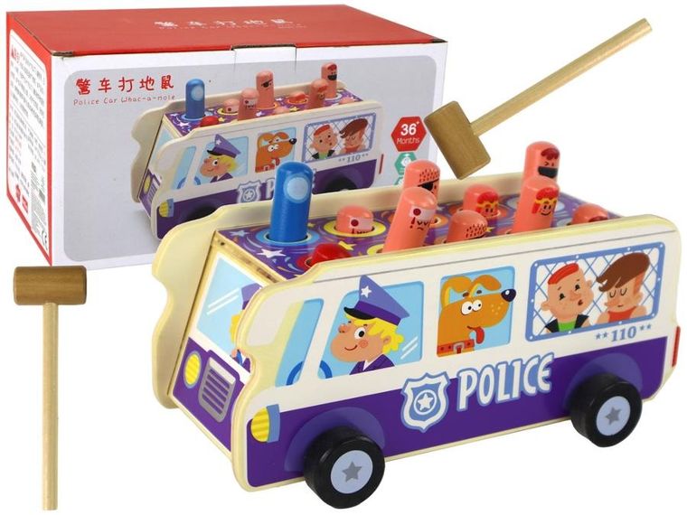 Lean Toys, zbijak, autobus policyjny, zabawka zręcznościowa, drewniana