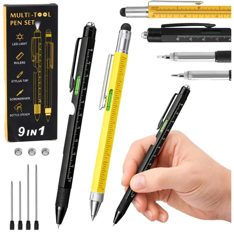 Lean Toys, zestaw długopisów wielofunkcyjnych 9w1, poziomica latarka śrubokręt, żółty czarny, 2 szt.