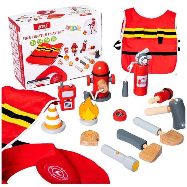Lean Toys, zestaw małego strażaka, kostium i akcesoria strażackie, drewno, 14 elementów
