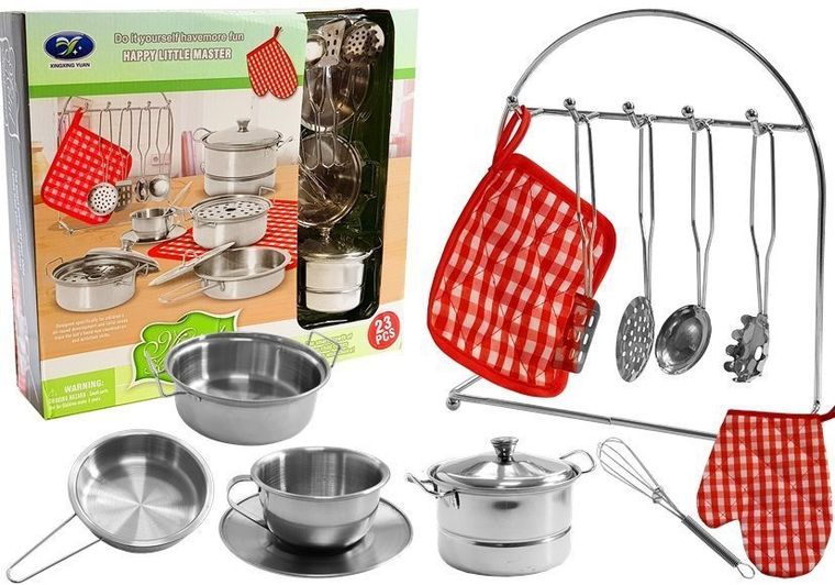 Lean Toys, zestaw metalowych naczyń kuchennych z akcesoriami, 23 elementy