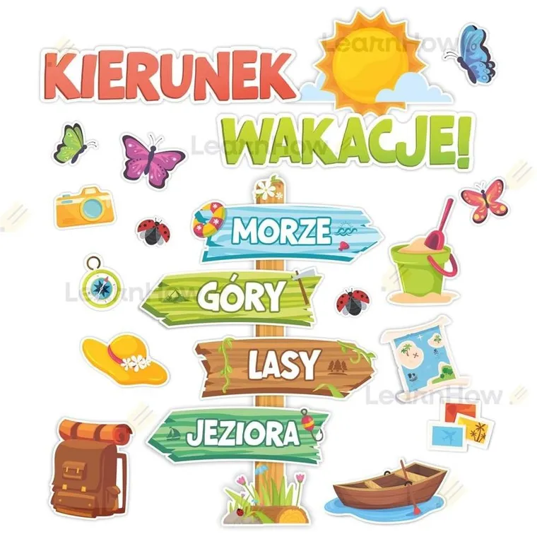 LearnHow, dekoracje szkolne, kierunek wakacje, XL, 22 elementy