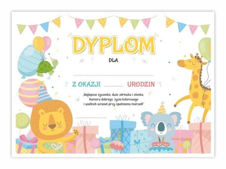 Learnhow, dyplom A4 urodzinowy, Wesołe zwierzaczki, 5 szt.