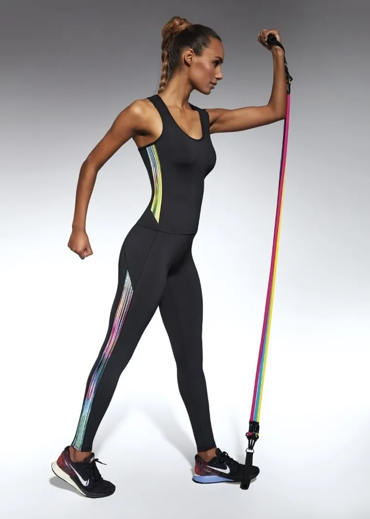 Legginsy sportowe damskie, czarne, kolorowe wstawki, Bas Black