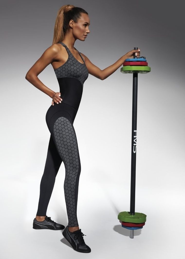 Legginsy sportowe damskie, czarne, wzorzyste wstawki, Bas Black